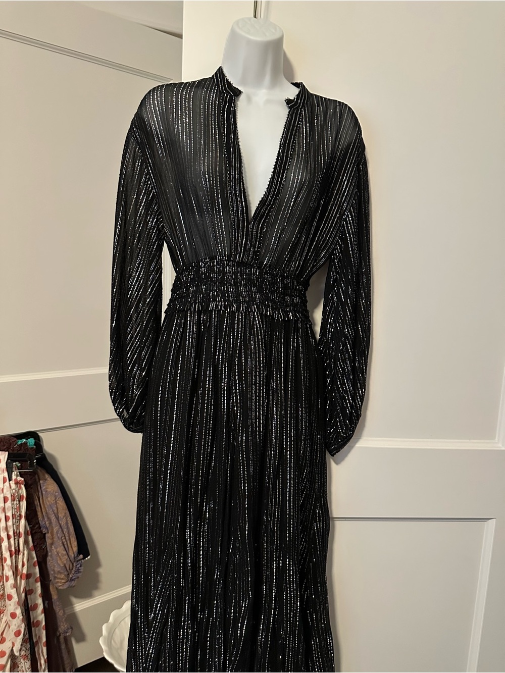 Zara Black Dress with Silver Metallic Stripes, Midi Length